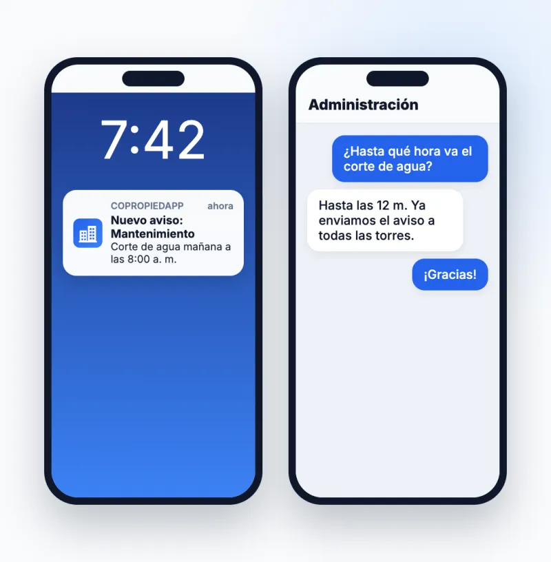 Notificación de aviso de mantenimiento en el celular y chat con la administración
